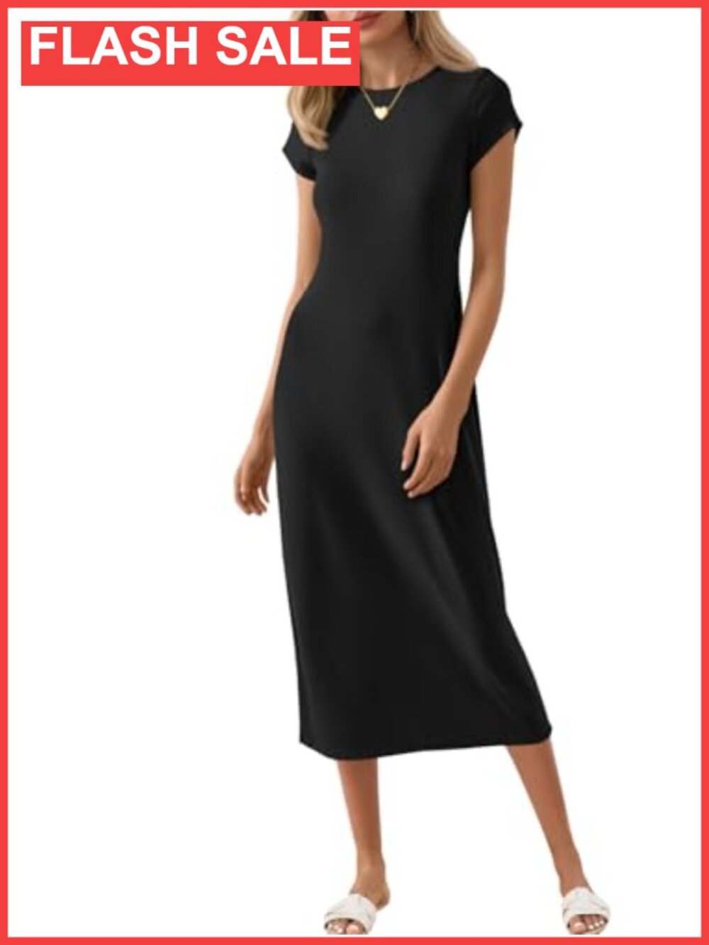 Women's Short Sleeve Ribbed Knit T-Shirt Midi Dress Casual Shift